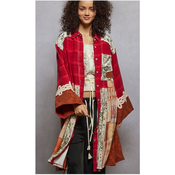 POL Floral Plaid Print Velvet Lace Button Down Long Shirt - Picture 3 of 5